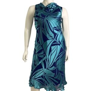 Vintage Jacques Vert Turquoise Blue Satin  Dress Botanical Resort Designer M